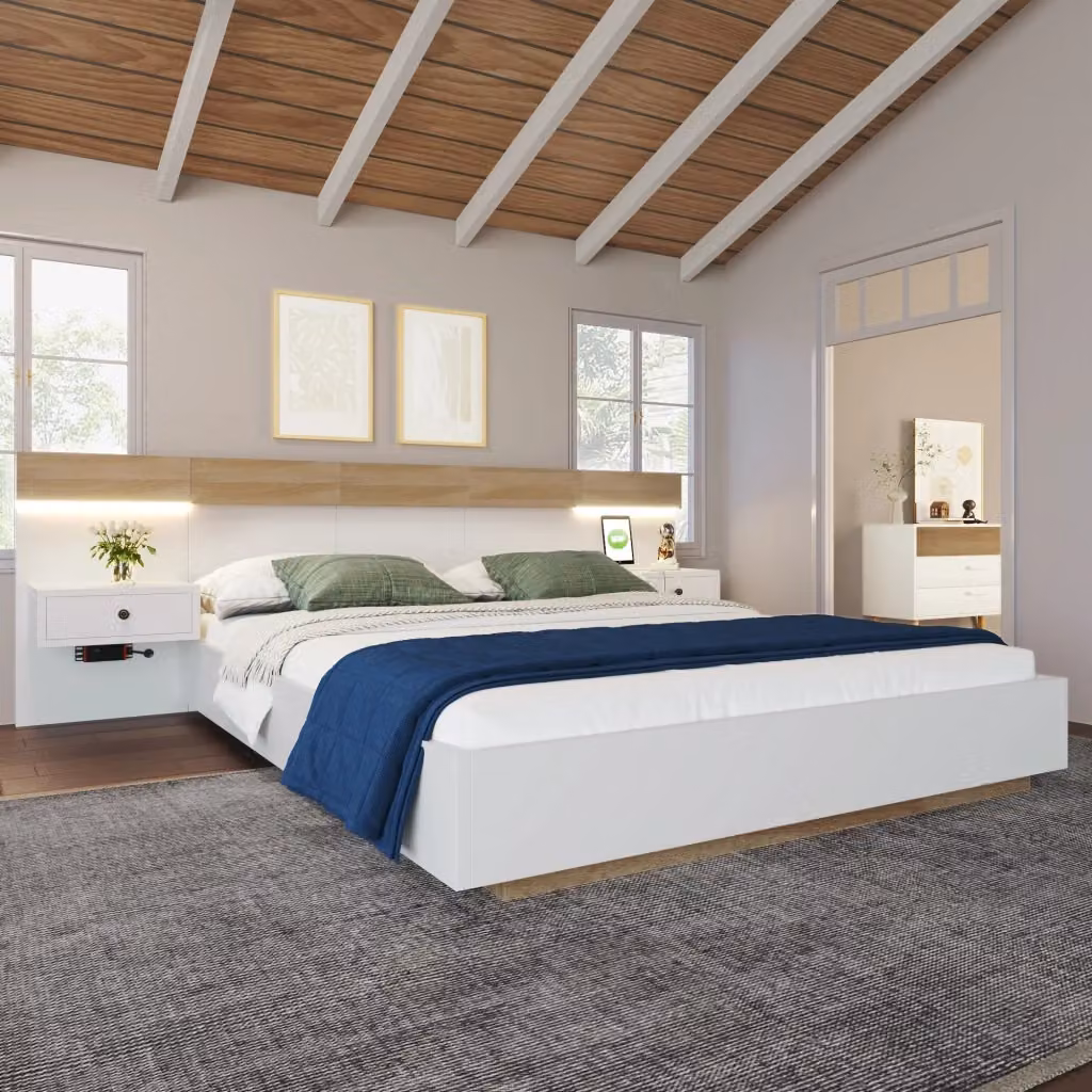 Letto matrimoniale WISHDOR con 2 comodini, illuminazione LED sottostante e porte di ricarica USB, bianco e marrone, 140x200 cm – 2