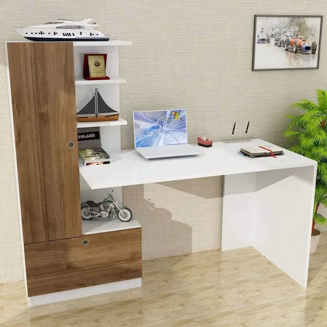 Scrivania DMORA Sordio Moderna con 4 Ripiani, L/P/H: 149.5 x 61.8 x 120 cm, Bianco e Marrone – 1