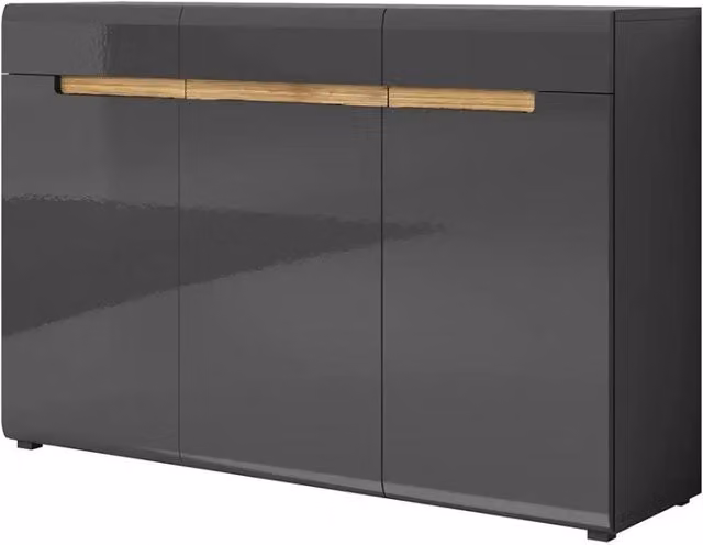 Cassettiera design LUCIA, 3 porte e 3 cassetti. Color grigio lucido e rovere