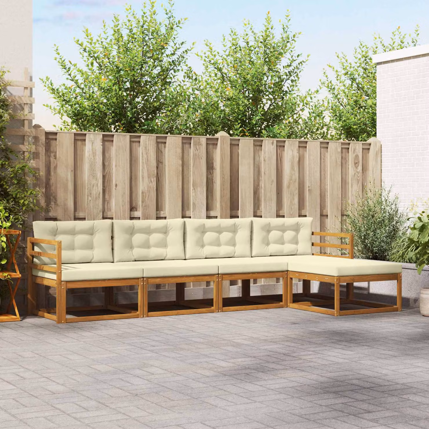 vidaXL Set di divani da esterno a L in legno di acacia con pouf, colore marrone e beige