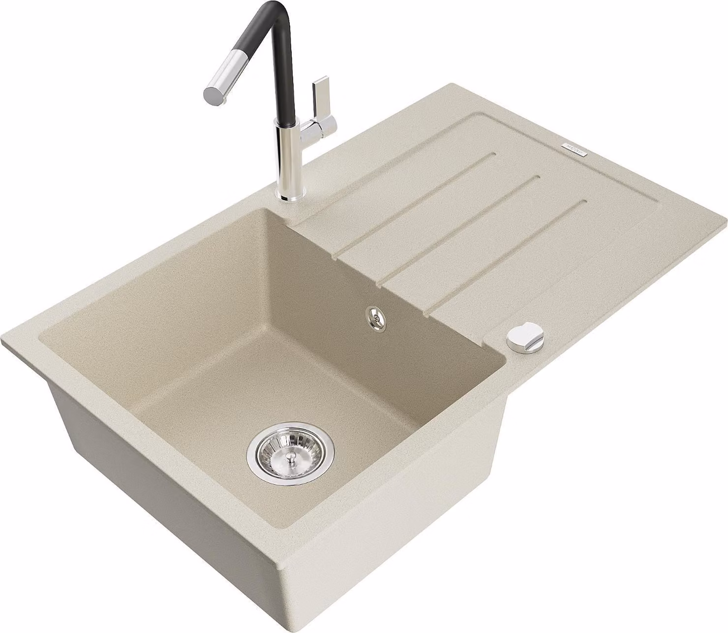 Mexen Bruno lavello da cucina in granito con 1 vasca e scolapiatti e rubinetto Flora, beige - 6513-69-670401-07