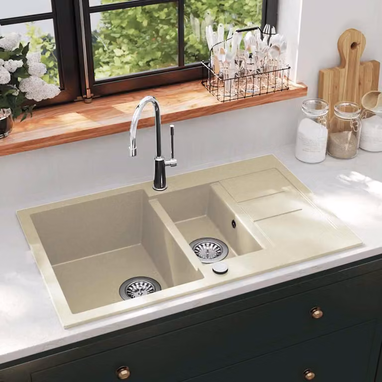 vidaXL Lavello da Cucina in Granito con Vasca Doppia, Beige, L: 80,0 cm, P: 50,0 cm, H: 30,6 cm