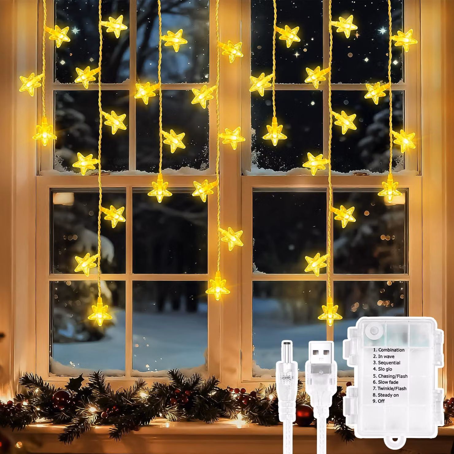 Catena luminosa con stelle, 50 LED, luce bianco caldo, timer, 8 modalità
