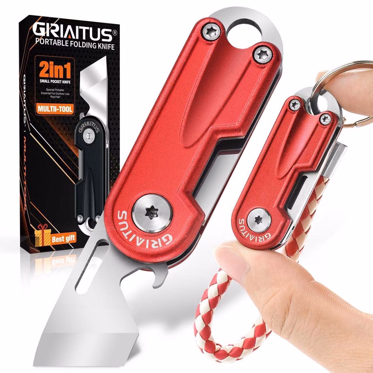 Coltello multiuso 2-in-1 con apribottiglie e portachiavi, colore rosso