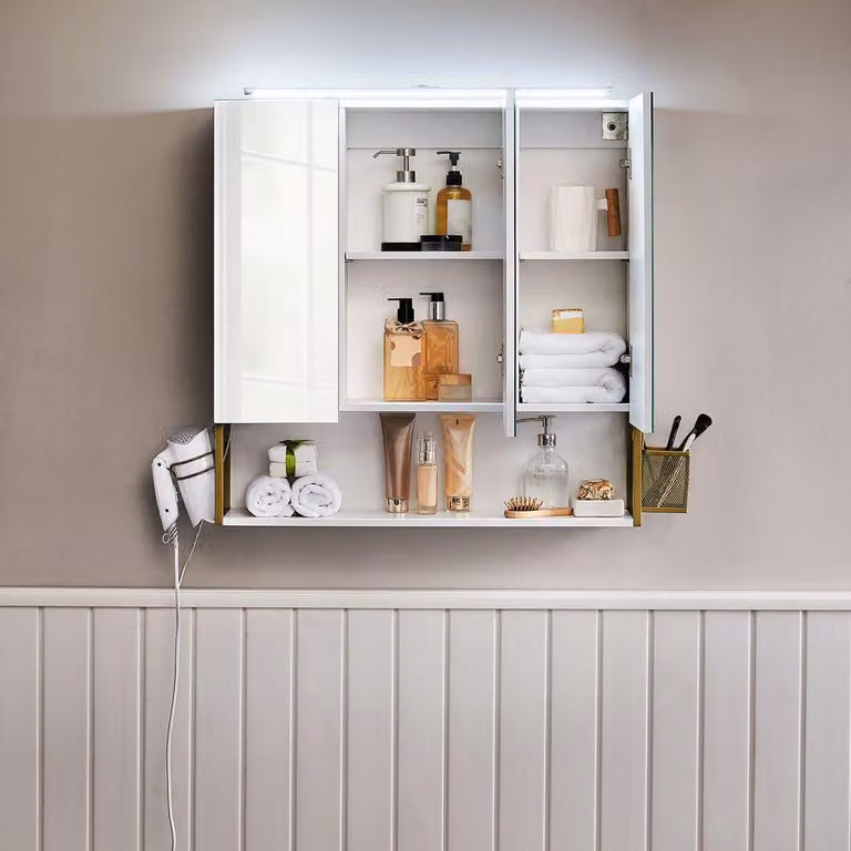 Mobiletto da bagno con specchio e illuminazione a LED, bianco e oro, 70 x 14,5 x 70 cm