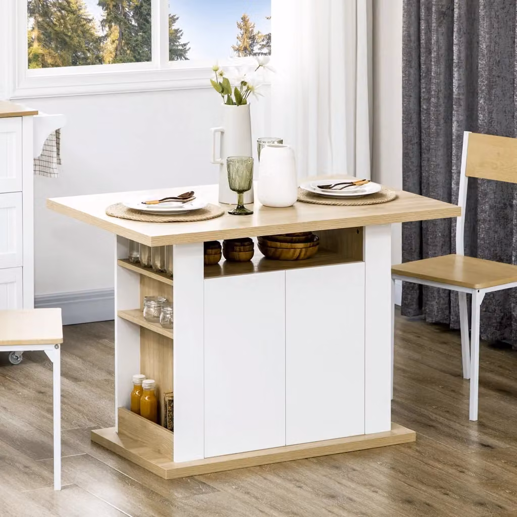 Isola per cucina GIORDANOSHOP con armadietti e ripiani aperti, bianco e legno, L: 110 cm, P: 70 cm, H: 75,5 cm – 2