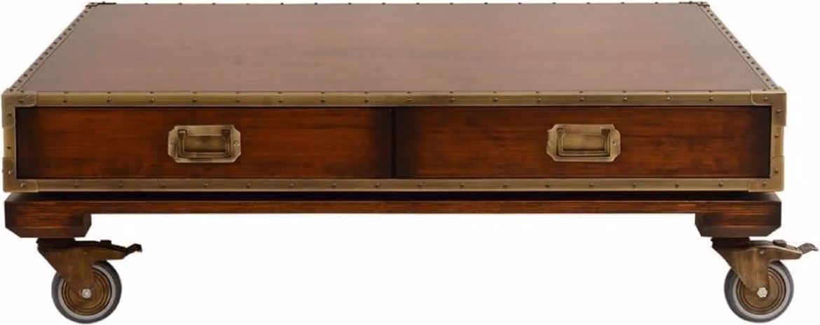 Casa Padrino tavolino in stile vintage marrone/ottone 109 x 109 x h. 35 cm - Tavolo da salotto quadrato in legno massiccio con rotelle e cassetti - Mobili da salotto in stile vintage - Mobili