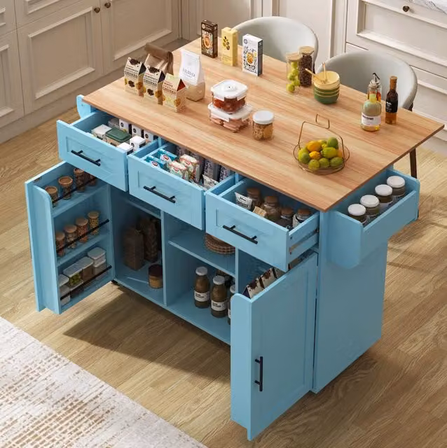 Carrello cucina ULEVR 139x46(71)x91,5 cm con piano pieghevole, 3 cassetti, ripiani regolabili e ruote, blu