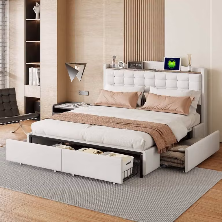 Letto imbottito AIORBER, 160x200 cm, tessuto di lino, con ripiani, ampio spazio di archiviazione, struttura in metallo, con porta di ricarica USB, 4 cassetti, letto matrimoniale, beige