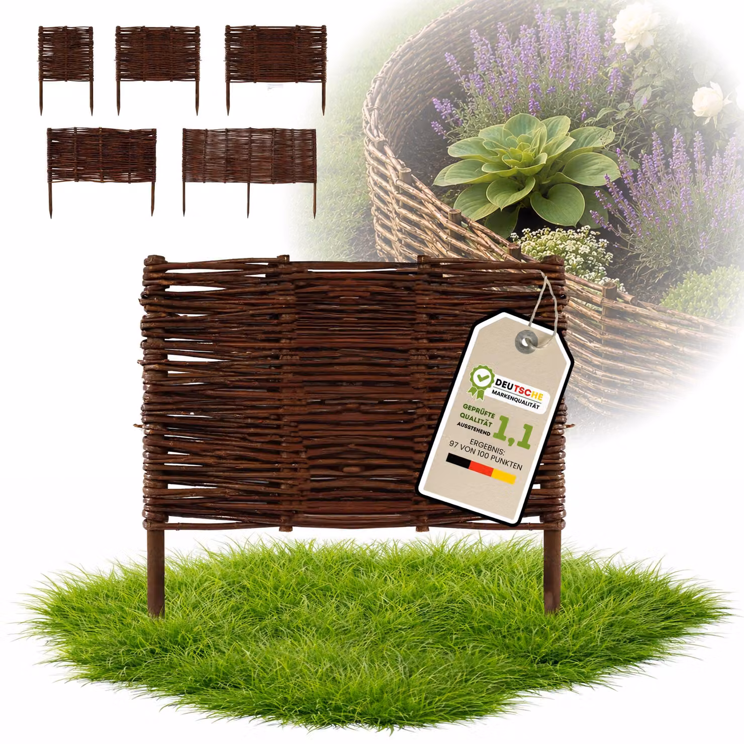 Floranica 1 pezzo Recinzione in vimini 40 cm x 40 cm – Staccionata da giardino intrecciata Palizzata Recinzione naturale Bordo aiuola