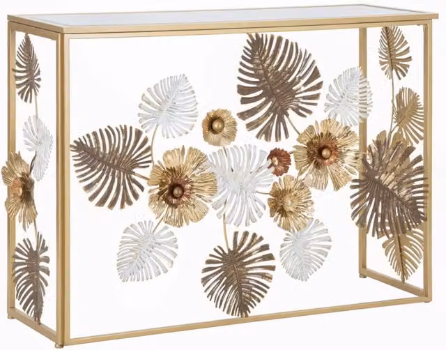 Console Glam Floris Vikasa Home in ferro dorato e specchio con decoro foglie tropicali L 80 x P 40 x H 40 cm