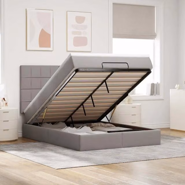 Letto con contenitore a sollevamento vidaXL in tessuto con materasso, L/P/H: 140 x 200 x 280 cm, colori beige, bianco o grigio – 1