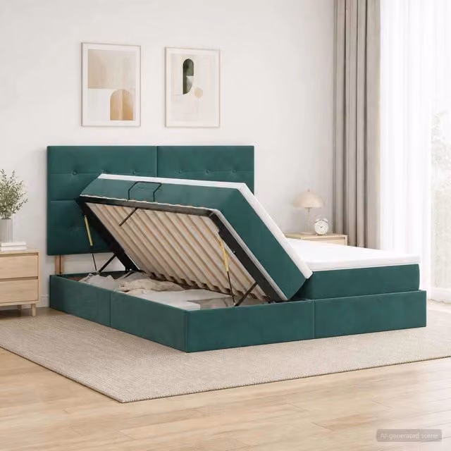 Letto con Contenitore Moderno vidaXL in Velluto Verde con Base Lift Up L: 200 cm, P: 200 cm, H: 140 cm – 1