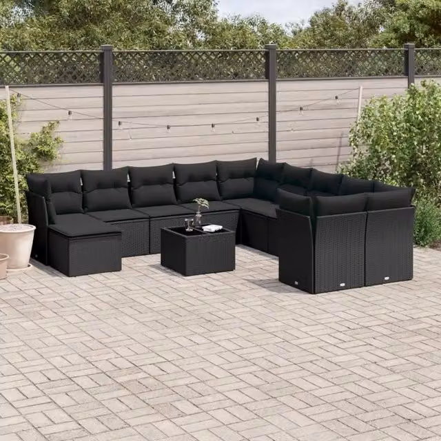 Set di Divani da Giardino VIDAXL a Forma di U in Polyrattan Nero con Cuscini, 12 Posti – 1