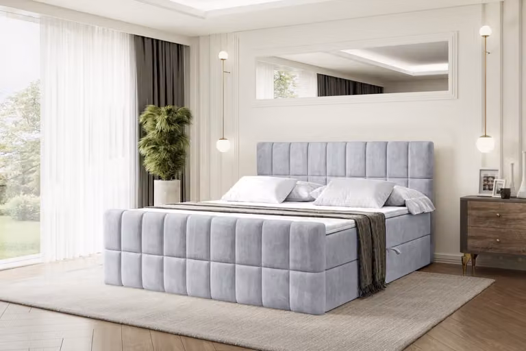 Letto boxspring ALTDECOR con pediera, materasso H3 e topper - 200x200 cm - MIAMI-Z - Velluto grigio chiaro - Letto imbottito con contenitore e rete a doghe, letto con spazio contenitivo