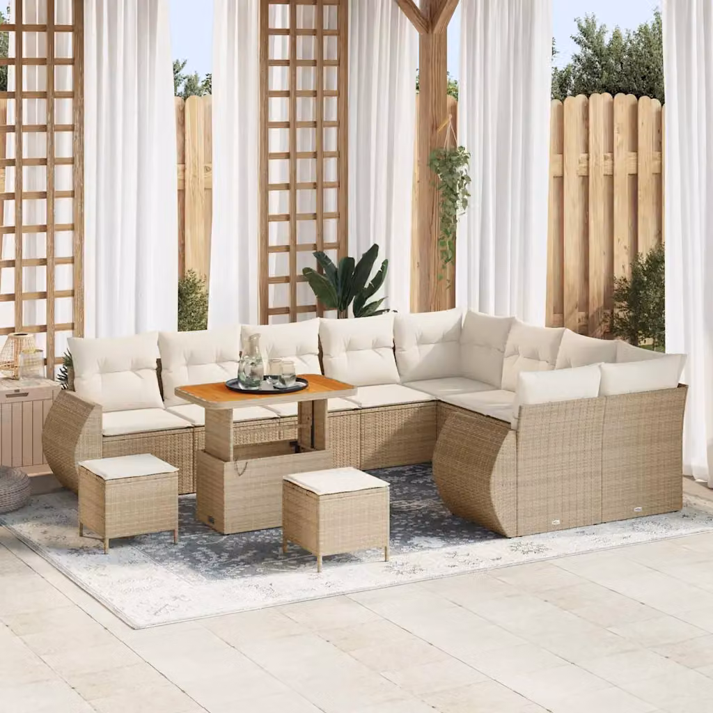 Set Divano da Giardino vidaXL 12 Posti a Forma di L con Tavolino e Ottoman Beige e Bianco – 1