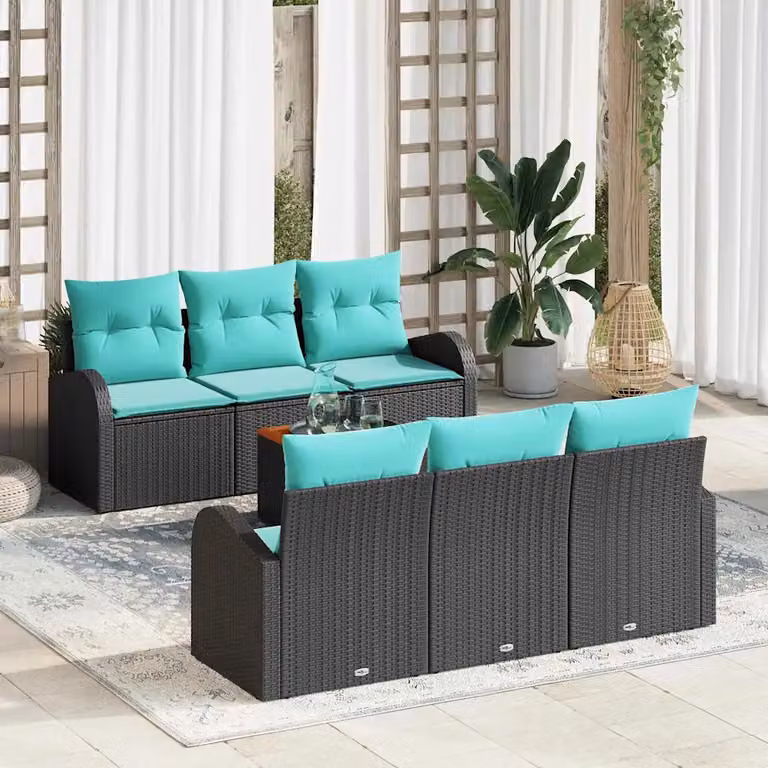 Set Divano da Giardino Moderno vidaXL 7 Pezzi con Tavolino e Cuscini Nero e Turchese