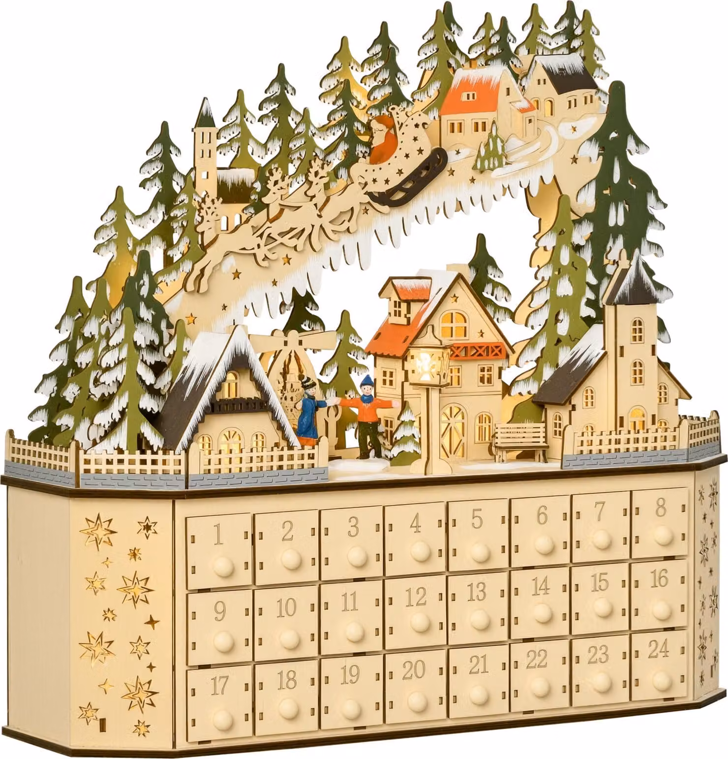 Calendario dell'Avvento HOMCOM con decorazioni natalizie, 24 cassetti con luci LED, MDF