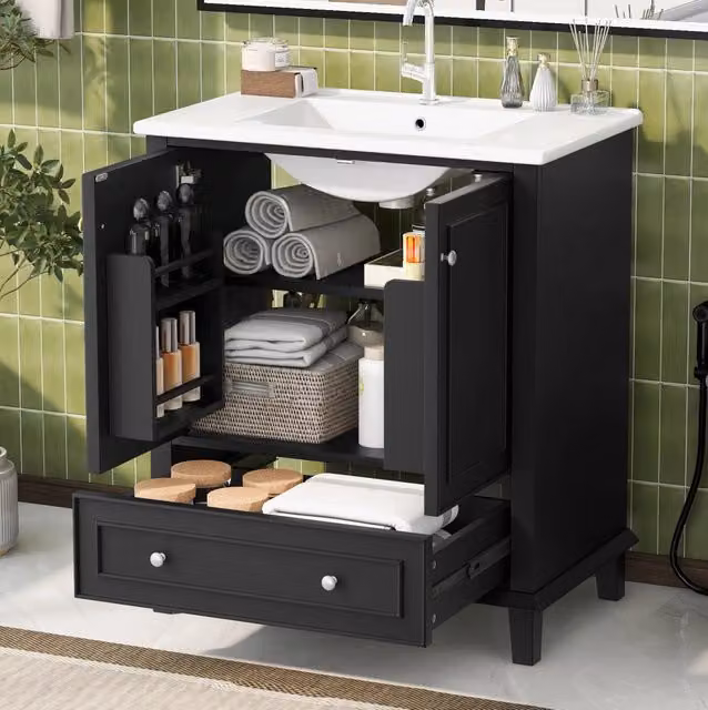 Mobile bagno freestanding nero con lavabo in ceramica; 2 ante e cassetto