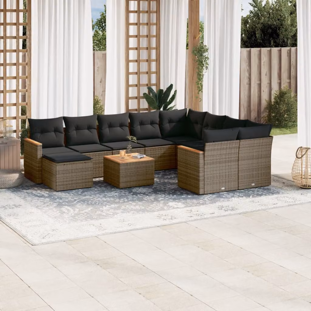 vidaXL Set di Divani da Giardino 11 pz in Polyrattan Grigio con Cuscini e Tavolino da Esterno