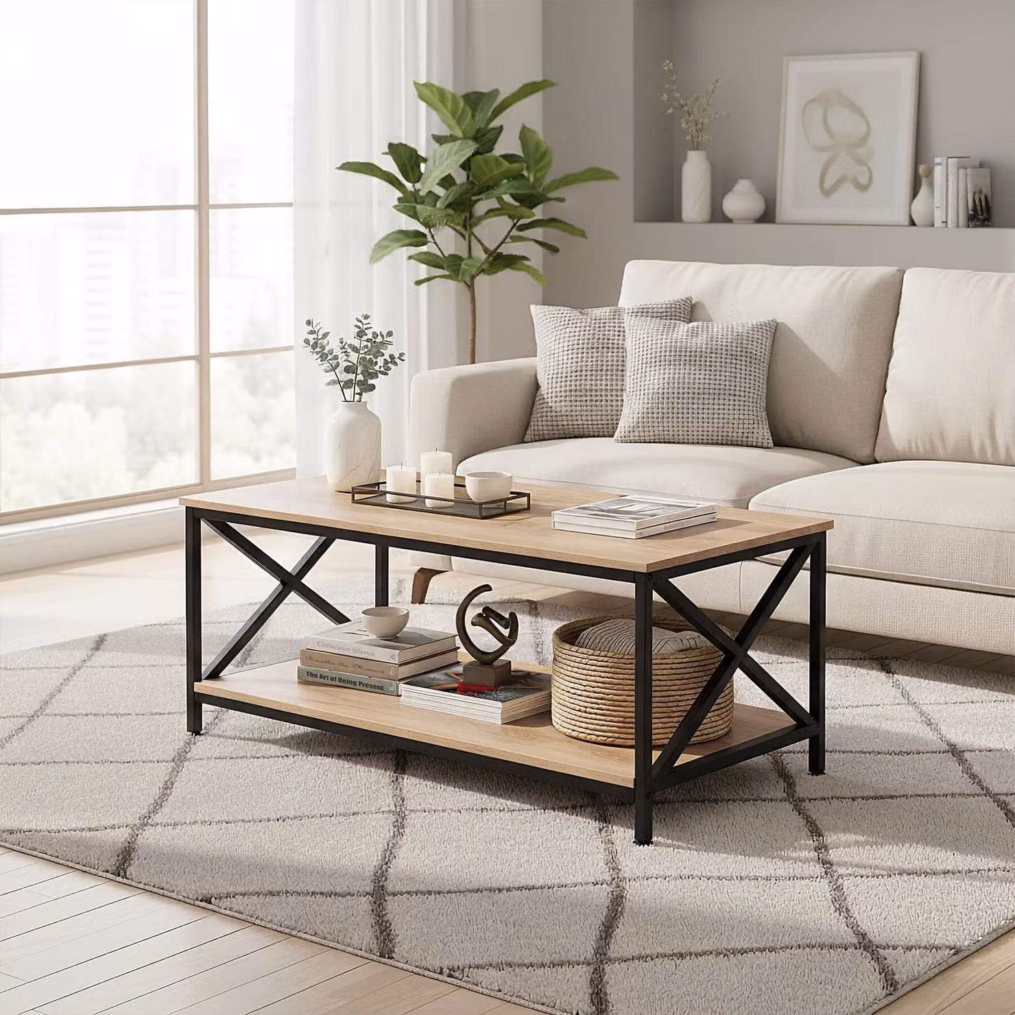 Tavolino da salotto Pittsburgh TecTake GmbH in stile industriale, colore marrone rovere, L/P/H: 100 x 55 x 45,5 cm – 2