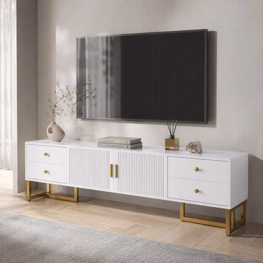 Mobile TV Mivray moderno in MDF bianco con quattro cassetti, due ante e dettagli dorati L/P/H: 175 x 30 x 46 cm – 2