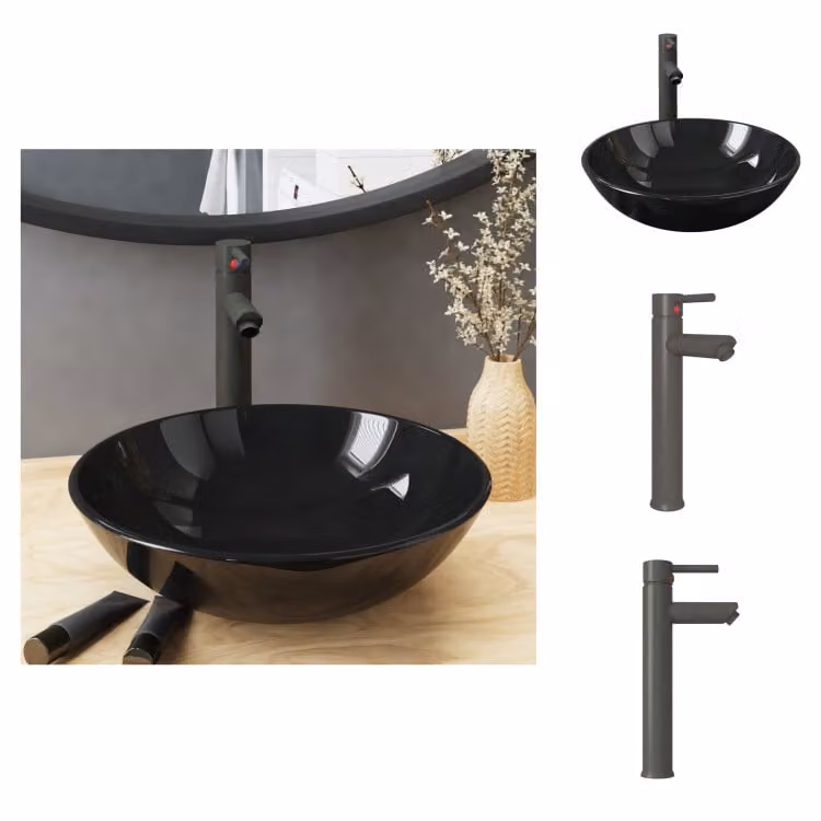 vidaXL Lavandino da bagno con rubinetto e scarico in vetro temperato nero - Lavandino da bagno
