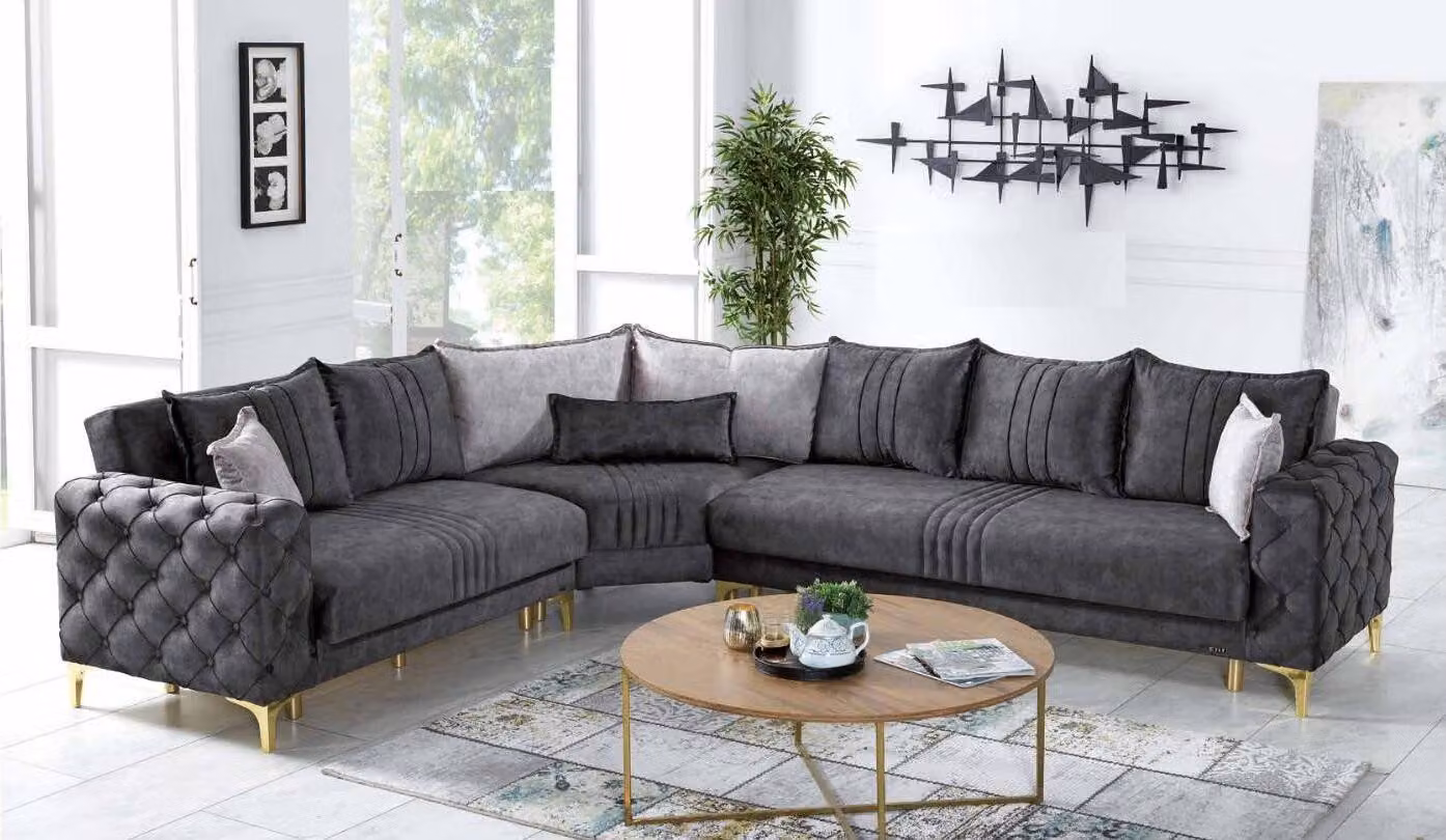 Grau Wohnzimmer Ecksofa L-Form Modern Chesterfield Luxus Sofa