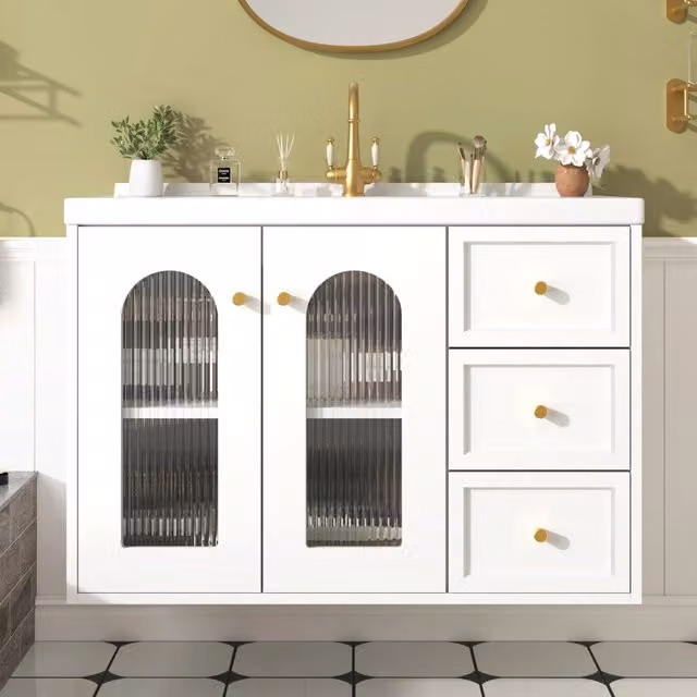 Mobile bagno sospeso WISHDOR moderno con ante in vetro e ripiani interni, bianco e oro, L: 80 cm, H: 58 cm, P: 50 cm