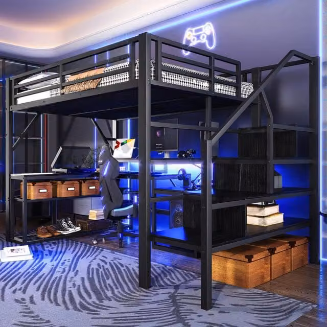 Letto a soppalco moderno in metallo e MDF nero con scrivania, illuminazione LED e porta USB, L/P: 140 x 200 cm