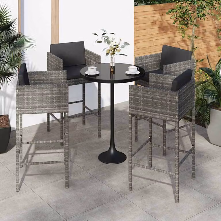 Set di 4 sgabelli da bar vidaXL in polyrattan con cuscini grigi e struttura in metallo