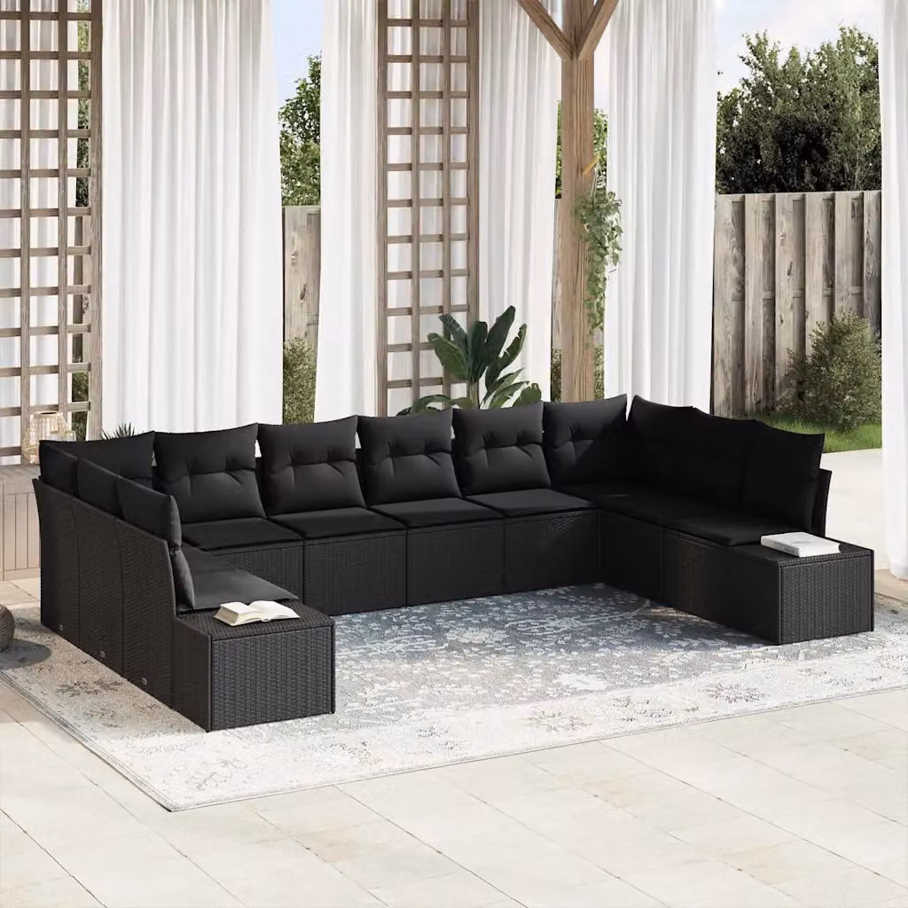 Set Divano da Giardino vidaXL a Forma di L con Cuscini Nero in Polyrattan e Metallo – 1