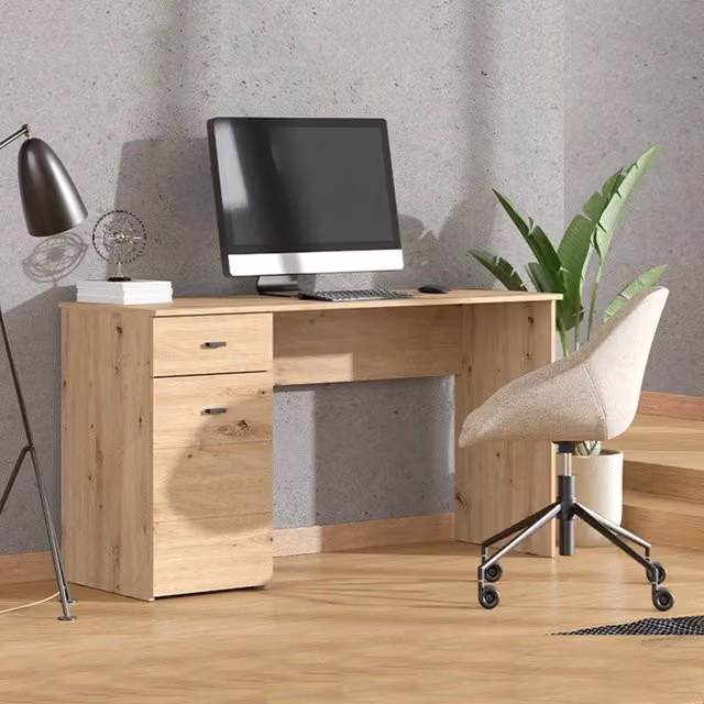 Scrivania DMORA con un cassetto, design moderno, colore marrone e nero, L 140 cm x P 50 cm x H 77 cm – 1