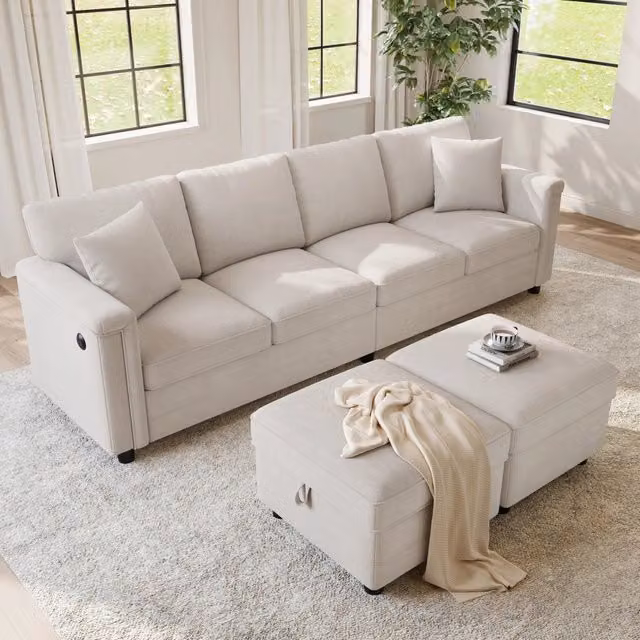 Divano modulare trasformabile a L o U 261x134x82 cm in ciniglia beige con pouf contenitori
