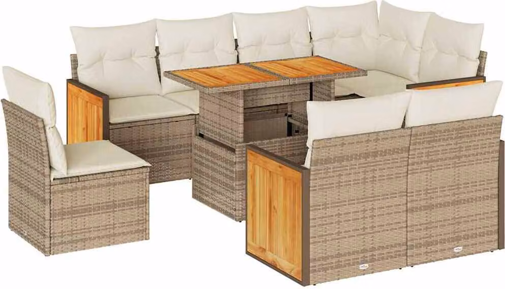 Set Divano da Giardino 9 pz con Cuscini Beige Polyrattan Acacia