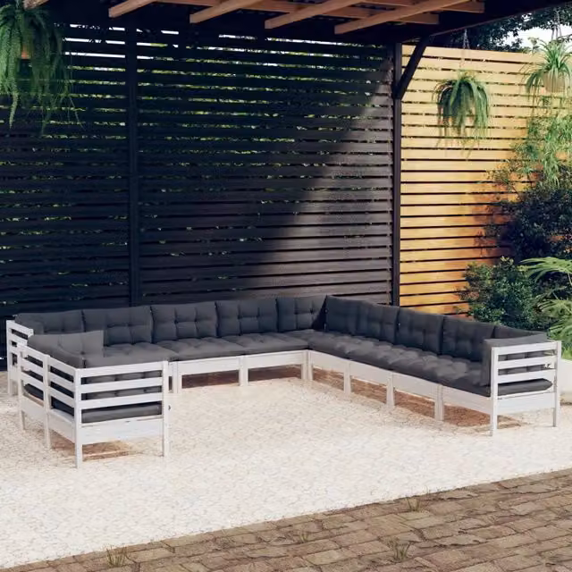 Set di divani da giardino a L vidaXL in legno di pino con 11 cuscini bianchi e antracite