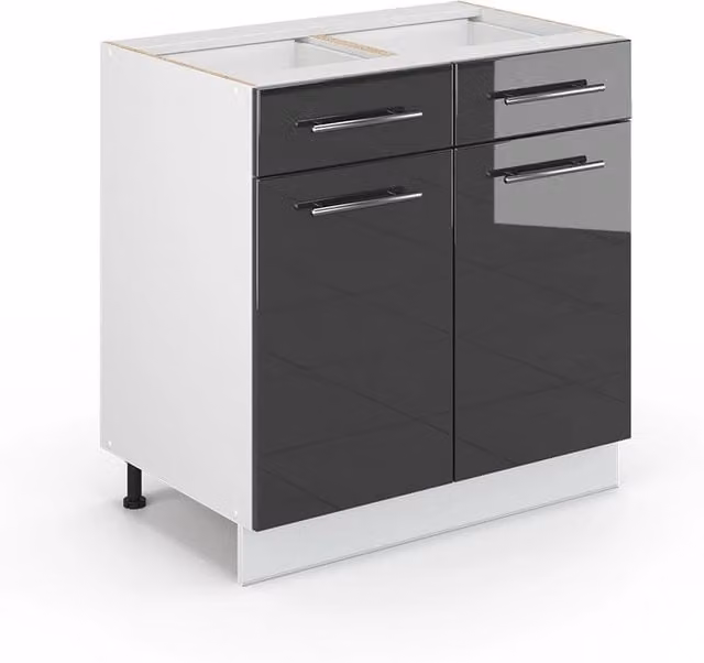 Mobiletto base per cucina Fame-Line Antracite lucido/Bianco 80 cm con cassetto, senza piano di lavoro Vicco