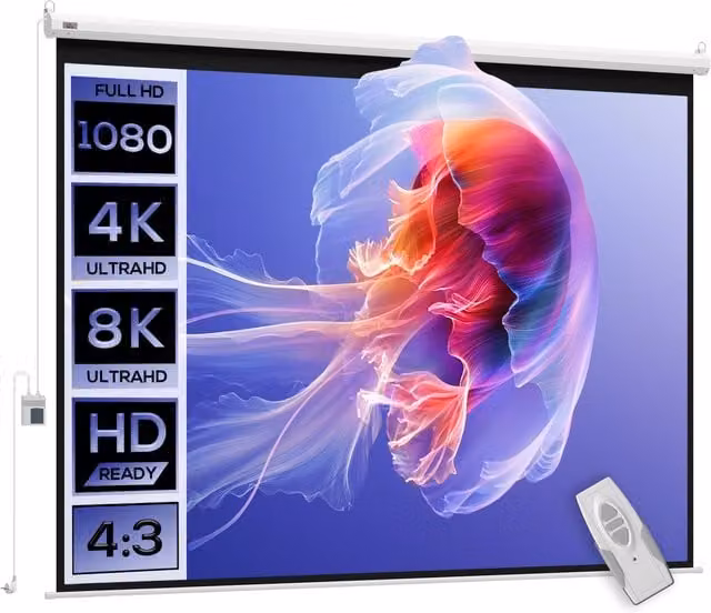 Schermo per proiezione motorizzato HomCom da 84 pollici bianco con supporto per home cinema e design senza rughe