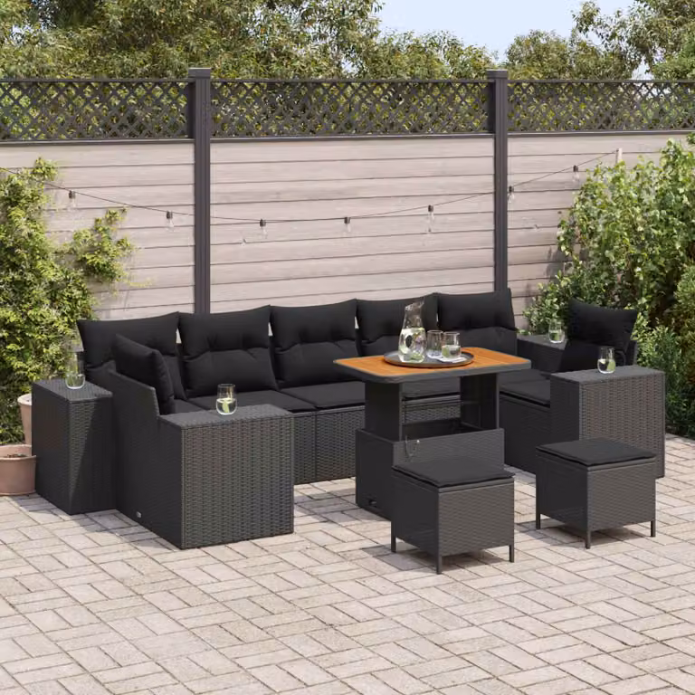 Set Divano da Giardino Moderno vidaXL 10 Pezzi Nero con Cuscini e Tavolino in Polyrattan e Acciaio
