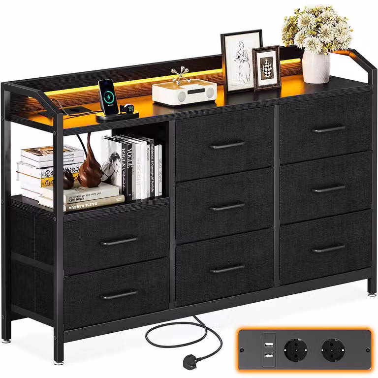 Comodino con 8 cassetti rivestiti in tessuto, strisce LED, 2 prese USB e 2 prese di corrente, dimensioni 110x30x88 cm, colore nero