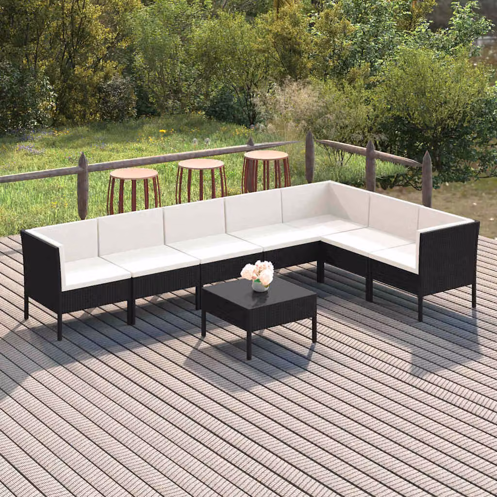 vidaXL Set Divani da Giardino 8 pz a Forma di L con Cuscini, Polyrattan e Struttura in Acciaio Nero e Bianco