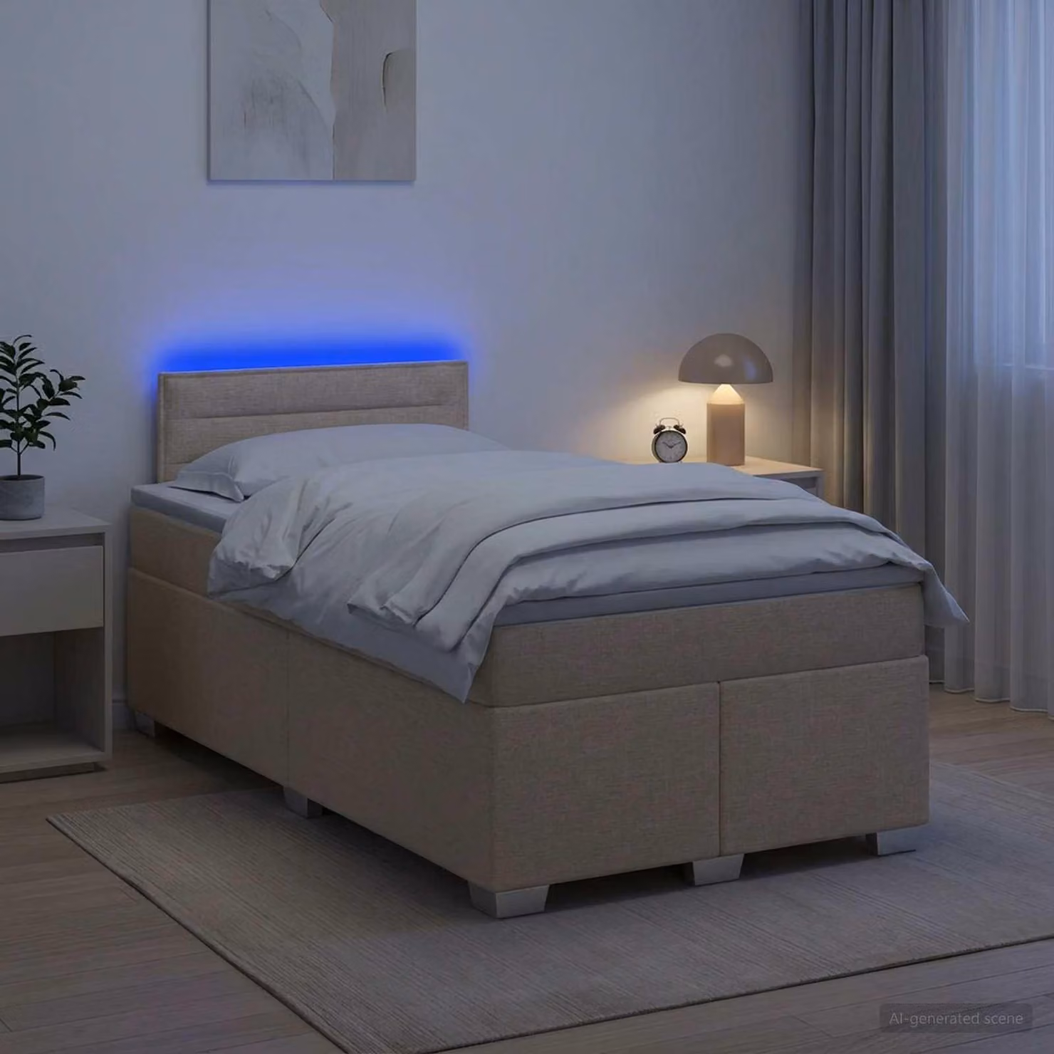 Letto a molle insacchettate "Maison Exclusive" con materasso e illuminazione LED, colore crema, dimensioni 120 x 190 cm, rivestito in tessuto