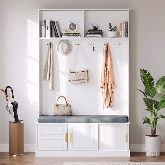 Attaccapanni con panca e scarpiera; 6 ganci tripli; MDF e truciolato; bianco; 120x40x191 cm
