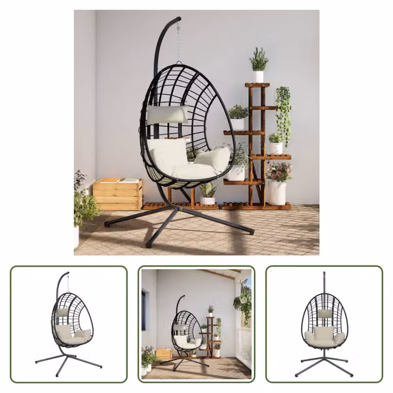 The Living Store Sedia sospesa Egg Design con supporto in rattan e acciaio beige