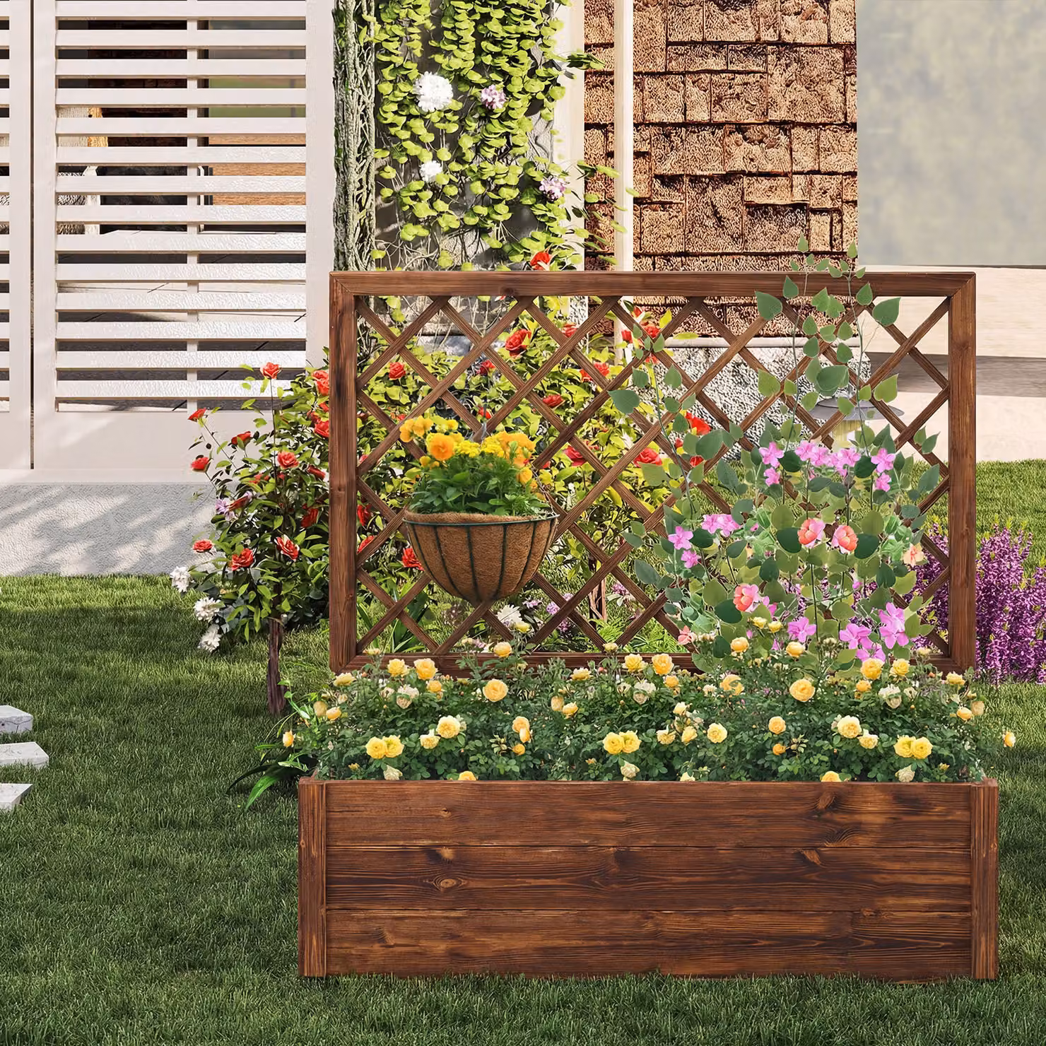 Letto da giardino rialzato in legno Costway con traliccio per piante rampicanti, Arancione