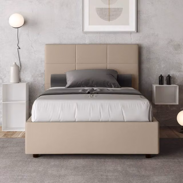 Letto imbottito Piazza e mezzo 130x210 cm Mika - Similpelle,Senza rete,Tortora