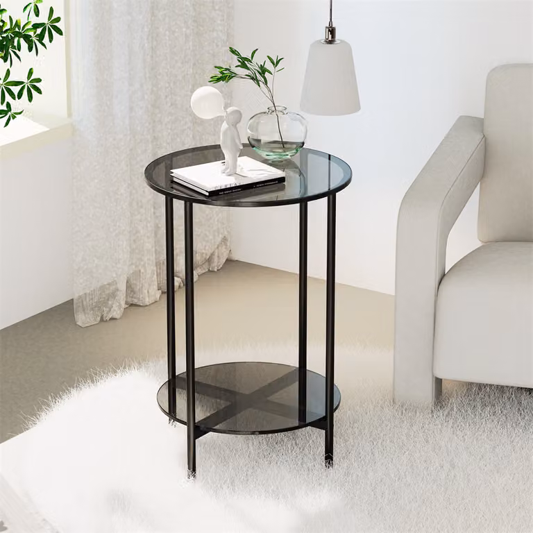 WISFOR tavolino rotondo, tavolino in vetro, tavolino da divano moderno con struttura in metallo, tavolino in vetro a 2 livelli, tavolino da salotto comodino Ø40cm
