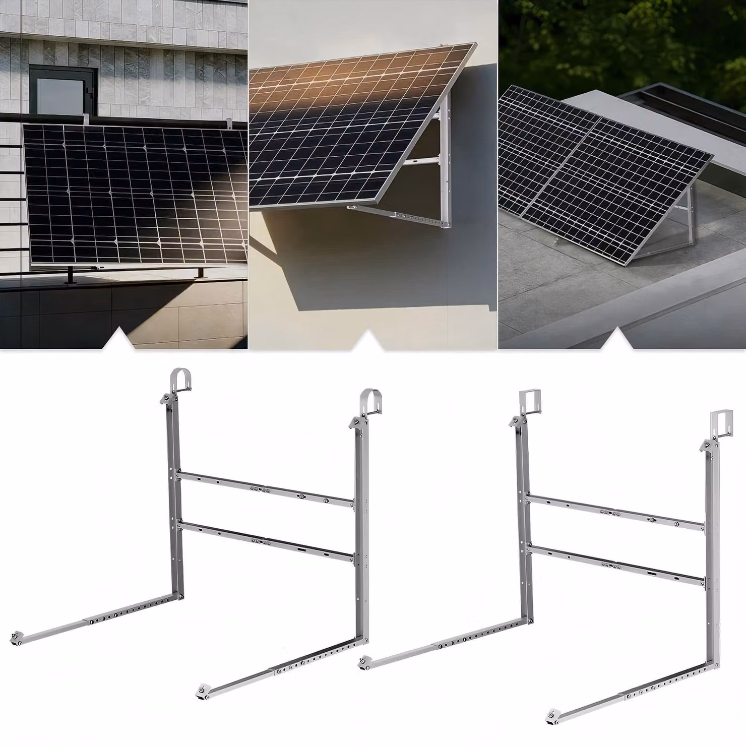 Supporto fotovoltaico per balcone, adatto a ringhiere, tetti piani e pareti, per il montaggio di pannelli solari. Include ganci a testa piatta per il montaggio di 2 pannelli solari