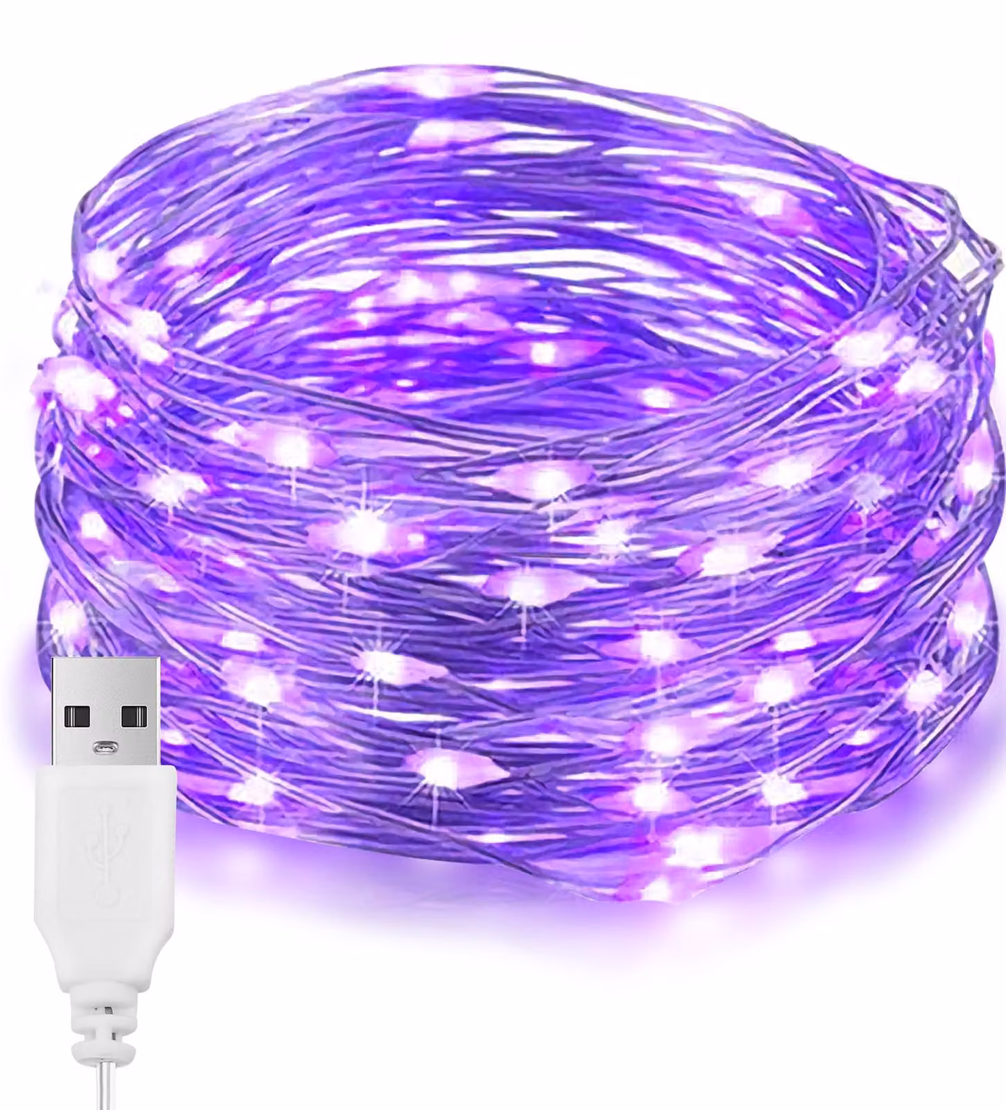 Catena luminosa a LED, 10 metri, 100 luci lilla, alimentazione USB, per uso interno, impermeabile