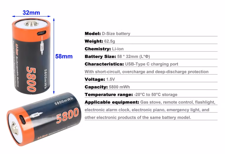 PowerSmart 4-pack, batteria agli ioni di litio a celle D, 1,5 V, 5800 mWh, con connessione di tipo C